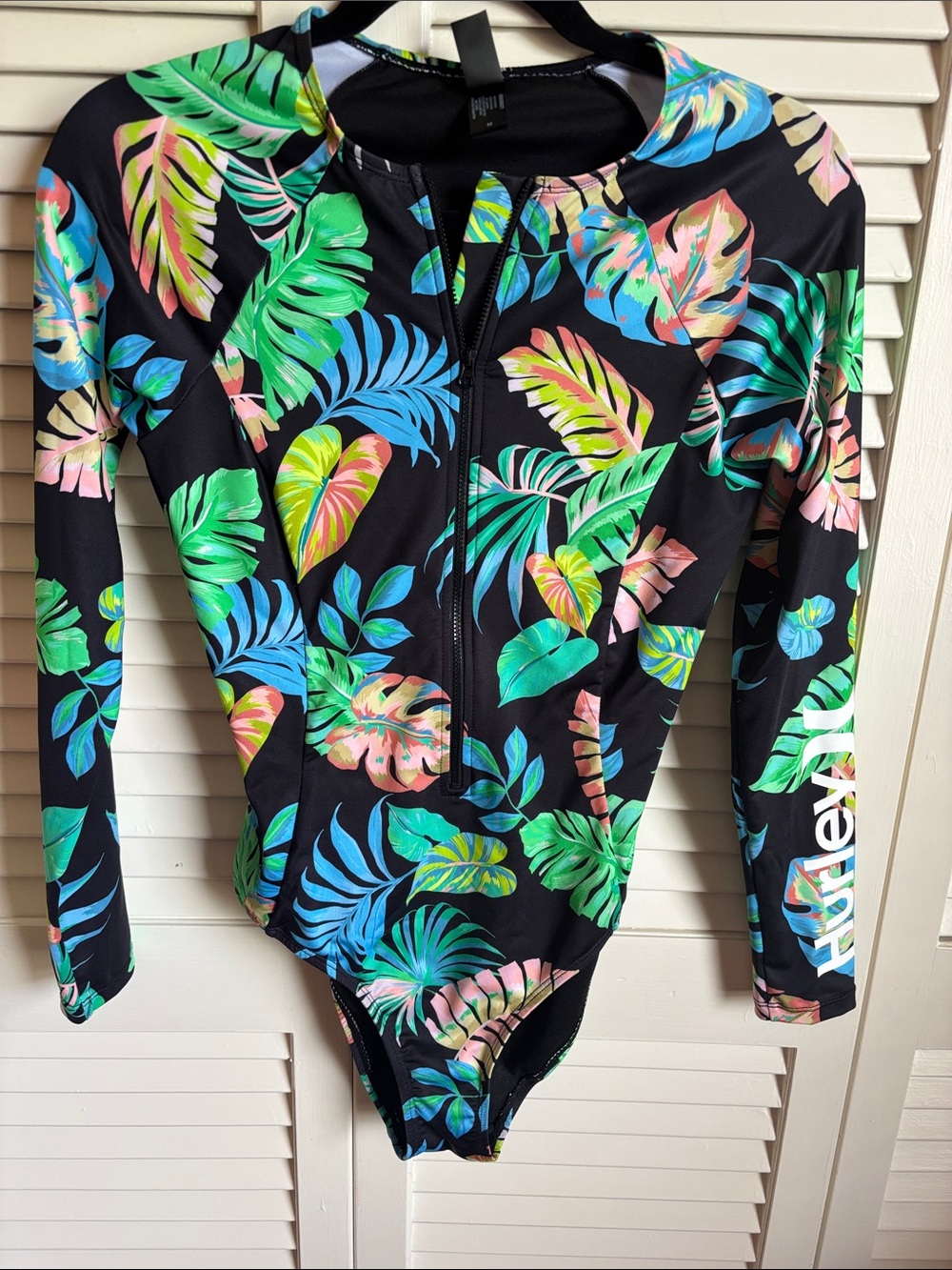 Hurley Black Long-Sleeve Tropical Leaf One-Piece Swimsuit